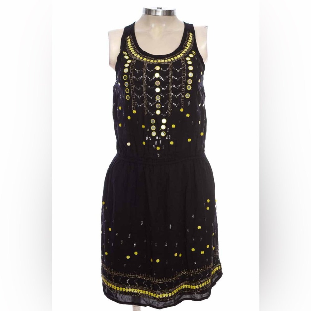 F21 Black and Yellow Beaded Boho Beachy Mini Dress
